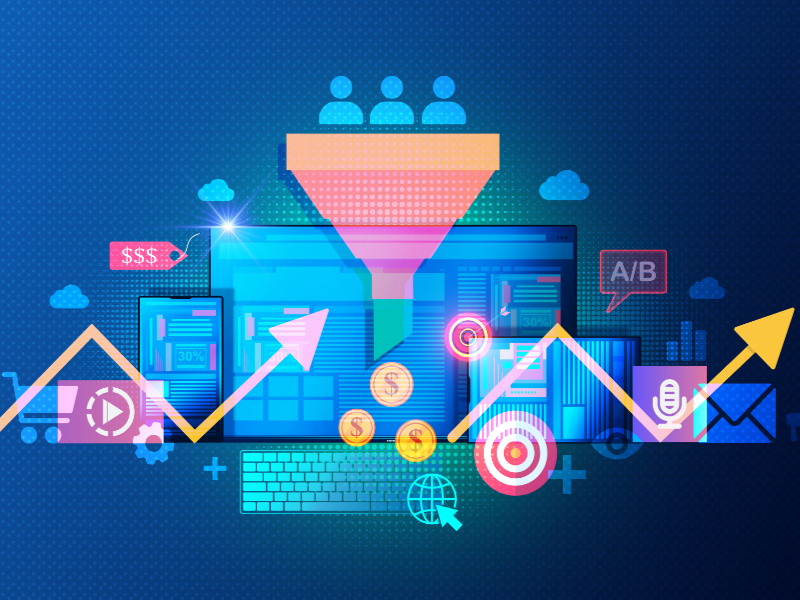 Sales funnel using website design and social media channels.