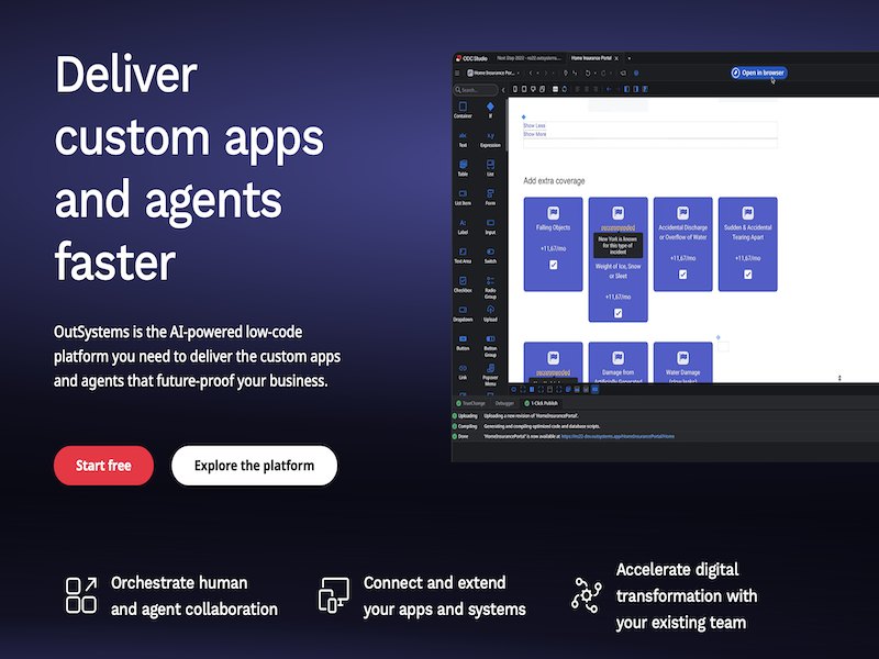 The OutSystems platform uses AI and low-code to radically transform, simplify, and accelerate application and agent delivery.

With support for the whole software development lifecycle and the ability to build AI agents without advanced coding, every step is faster, easier, and ready for the enterprise.