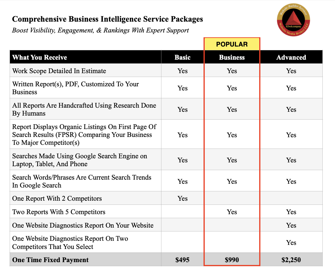 Compare business intelligence service packages.