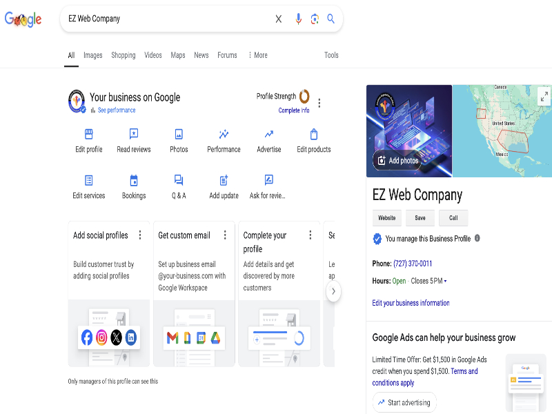 A screen shot of a Googlee Business Profile on EZ Web Company.