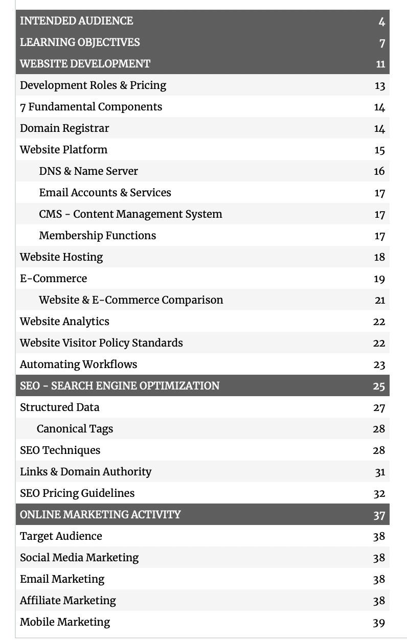 Table of Content showing chapters and topics.